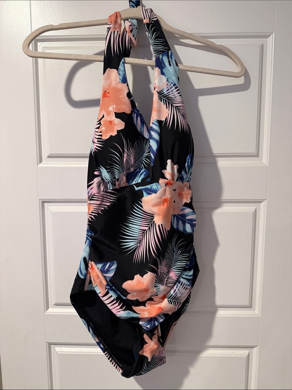 DKNY Black One-Piece Swimsuit with Peach Floral & Blue Leaf Print